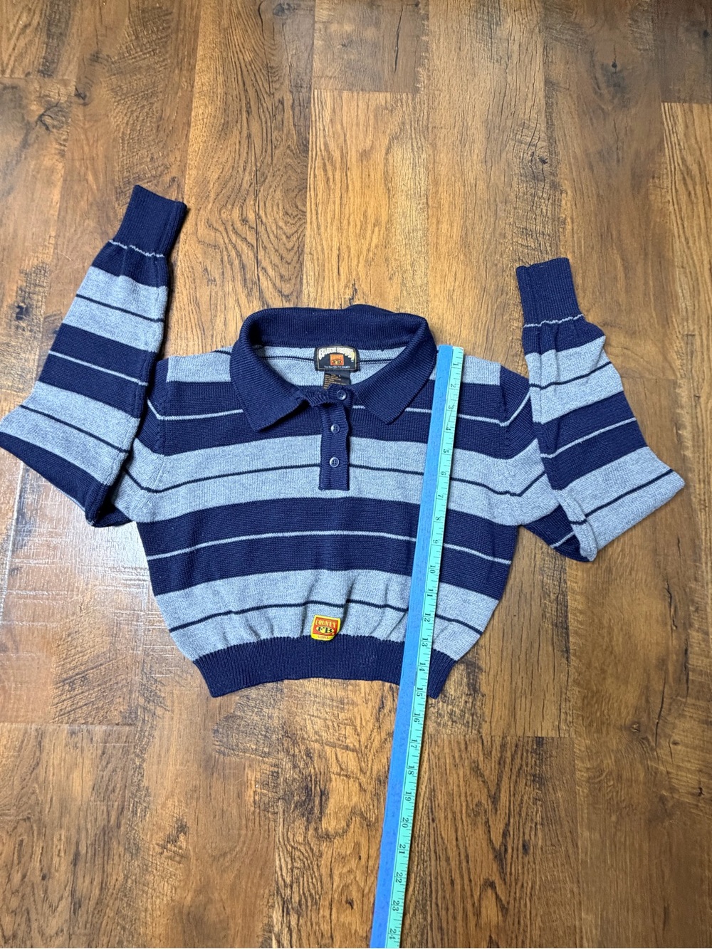 FB County Girl Cropped Knit Polo Sweater Size L Striped Navy Blue Gray - Picture 7 of 12